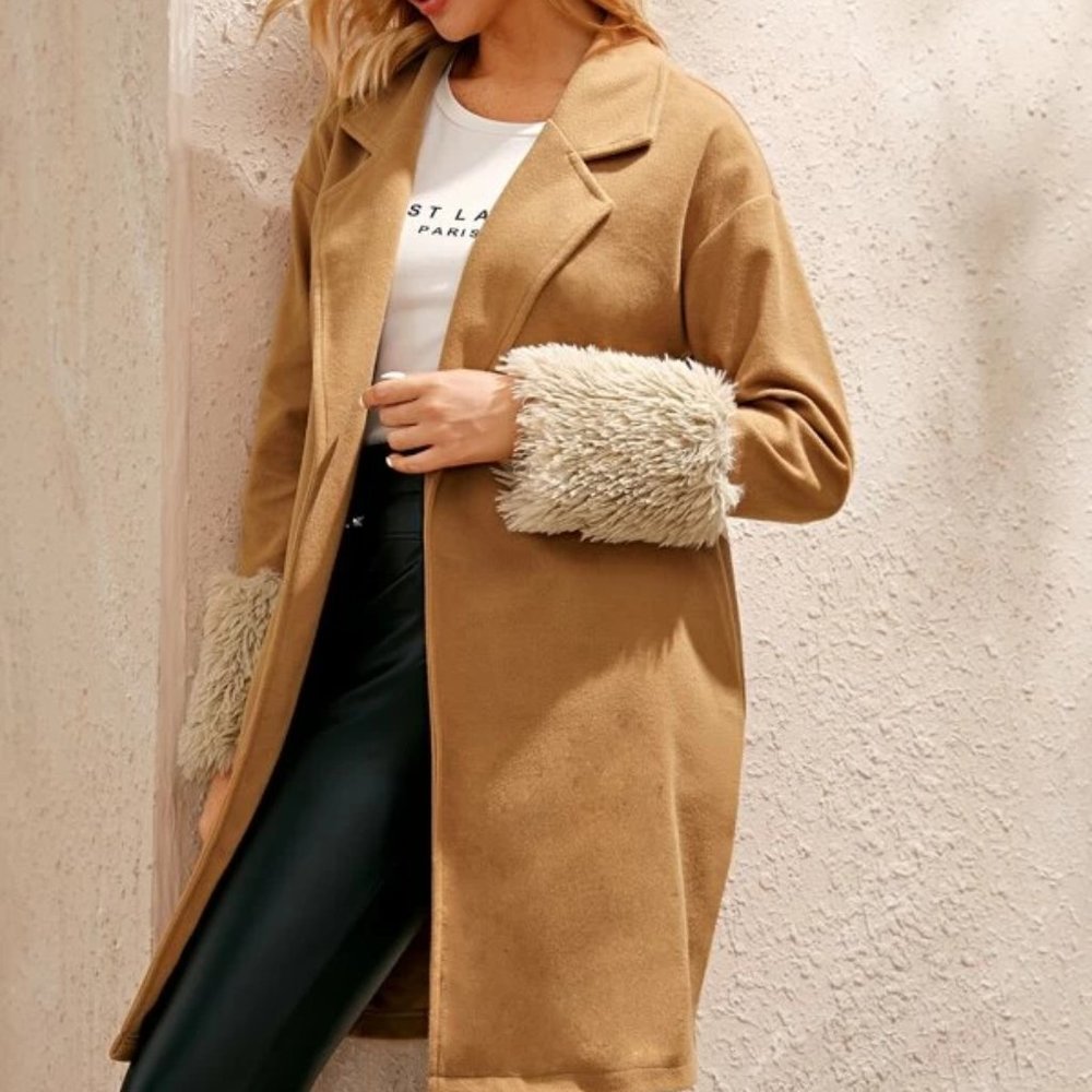 Camel Brown Open Coat with Faux Fur Cuffs in M & L